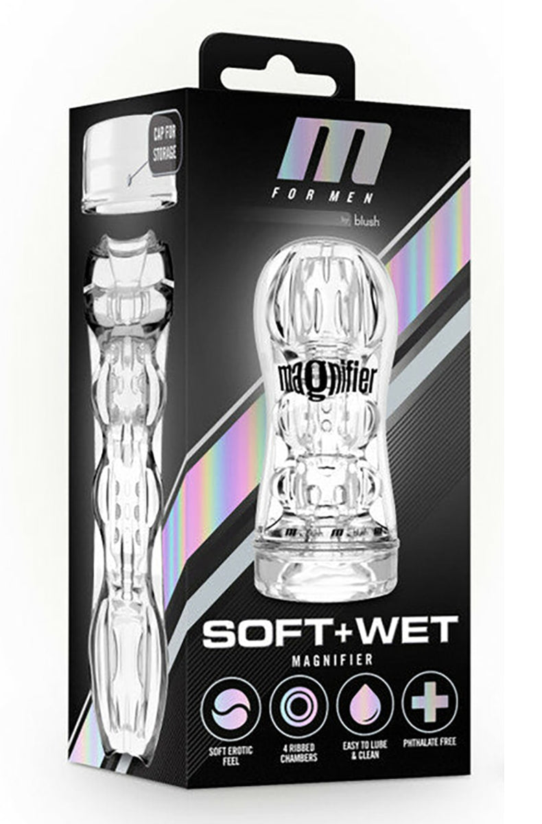 M for Men Soft Wet Magnifier retail box in black with iridescent striping and product