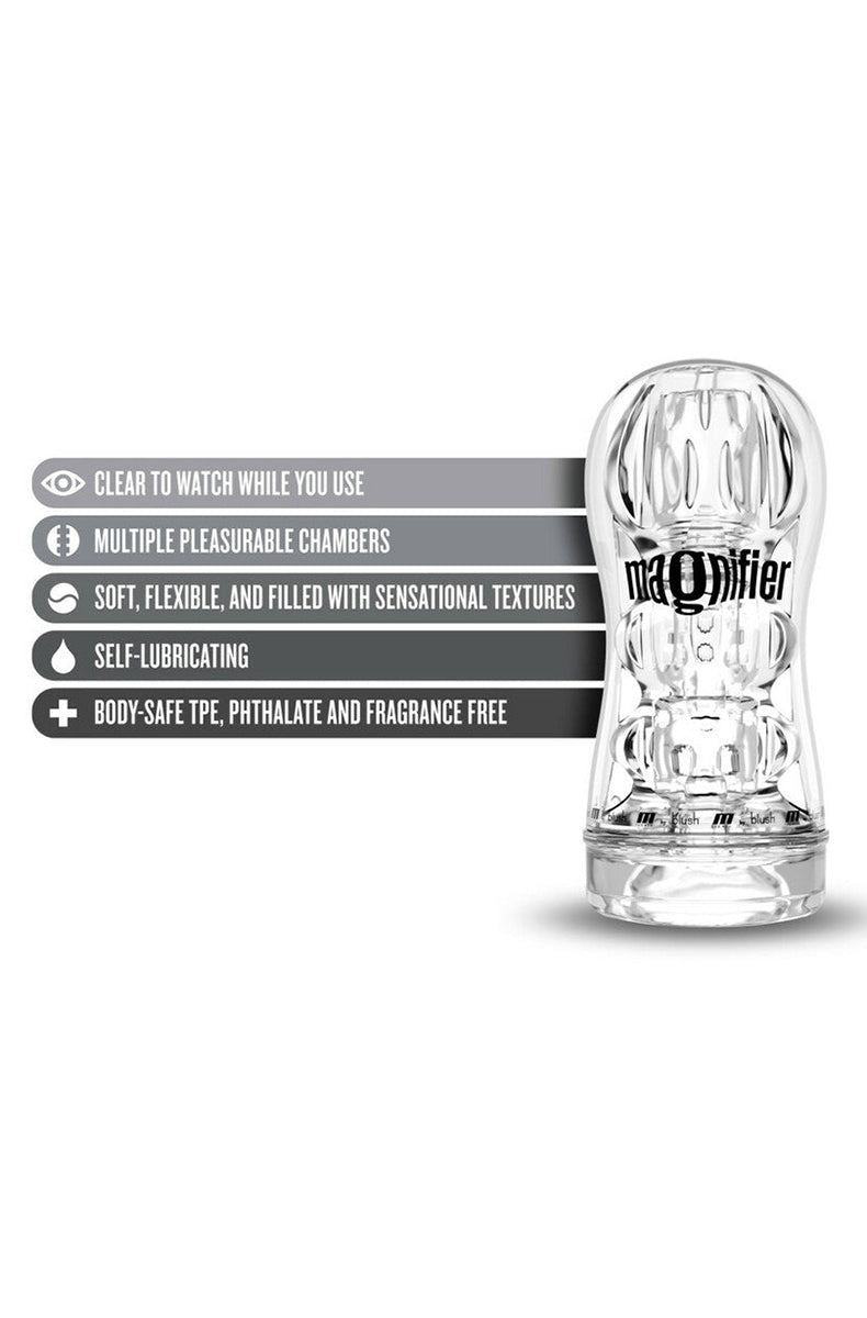 Side view of clear Magnifier stroker with bulleted feature list including self lubricating