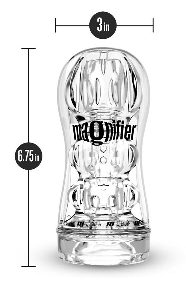 Clear stroker cup shown with dimension markers of 6.75 inches tall by 3 inches wide
