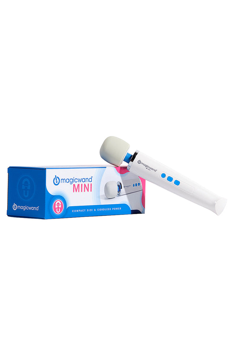 Magic Wand Mini standing beside its blue retail box with cordless power graphics