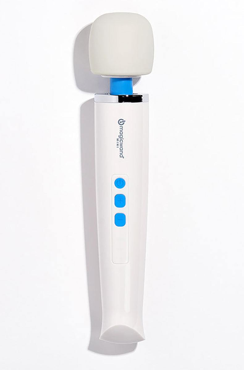 White Magic Wand Mini with cream silicone head, blue power and intensity buttons, upright