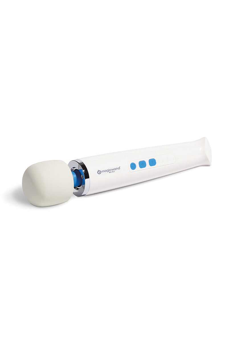 Three quarter angle of the white Magic Wand Mini with chrome neck and blue controls