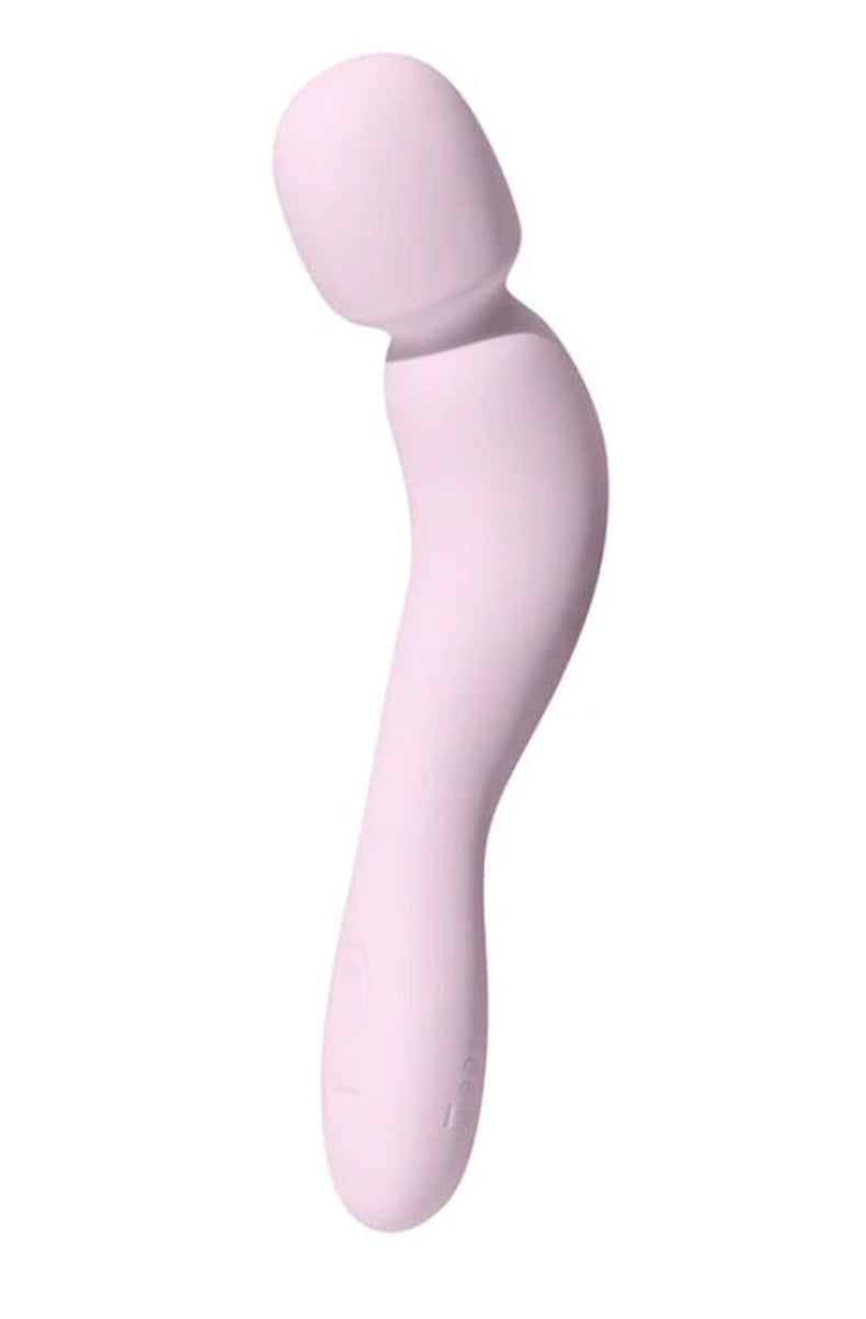 Front view of pink curved wand vibrator with bulbed head and flexible neck