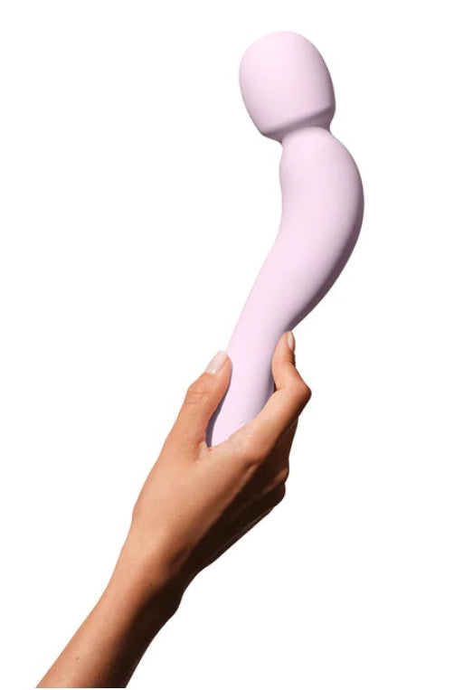 Back view of pink wand vibrator showing curved handle and control buttons