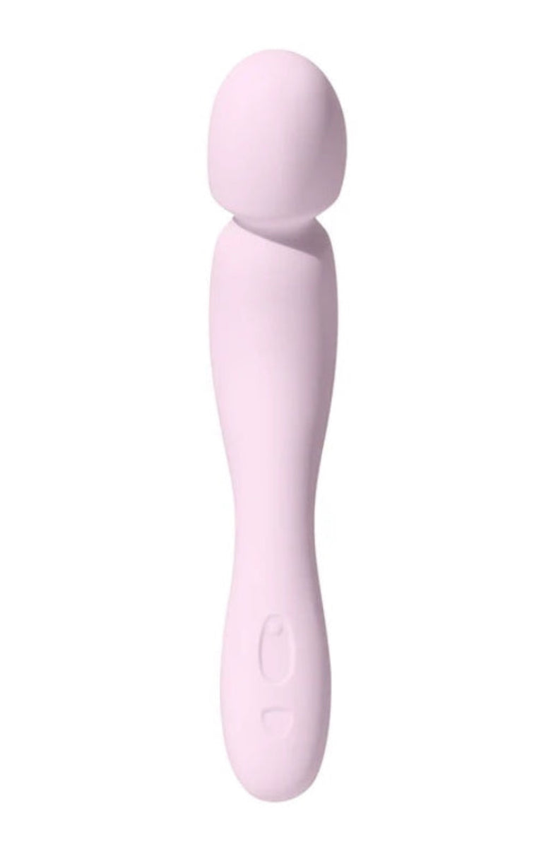 Hand holding pink wand vibrator showing curved ergonomic handle design