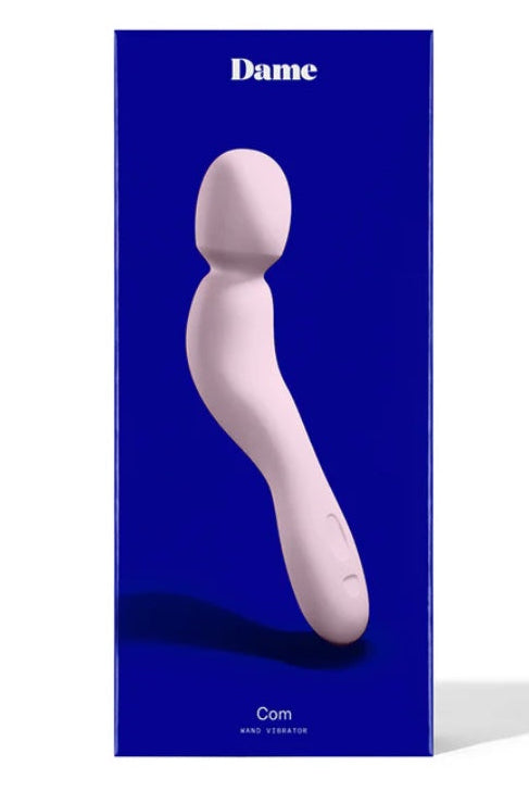 Dame Com wand vibrator on blue branded packaging box