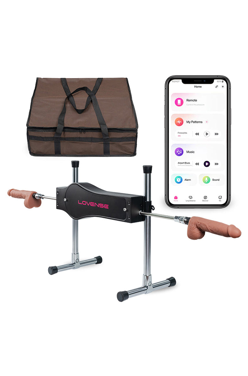 Lovense Sex Machine viewed from the side showing the adjustable tilt angle of the motor on the steel stand.
