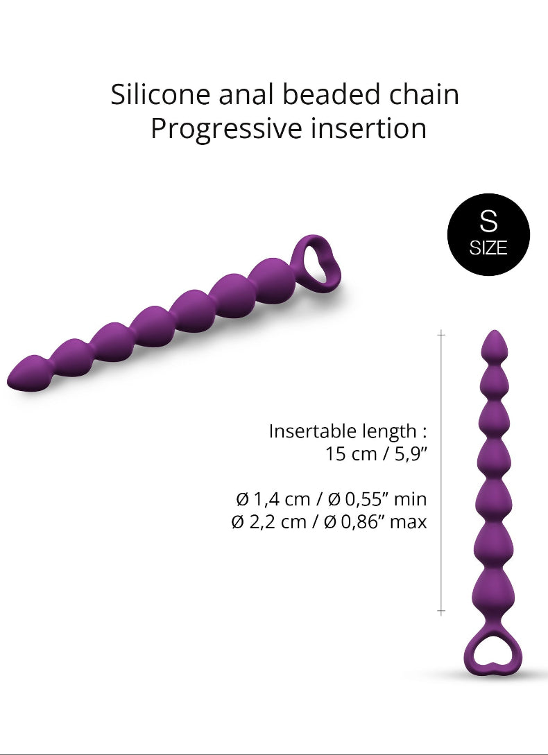 Violet silicone anal beads shown with size labels: 15 cm insertable length, 1.4 to 2.2 cm bead diameter, size S.
