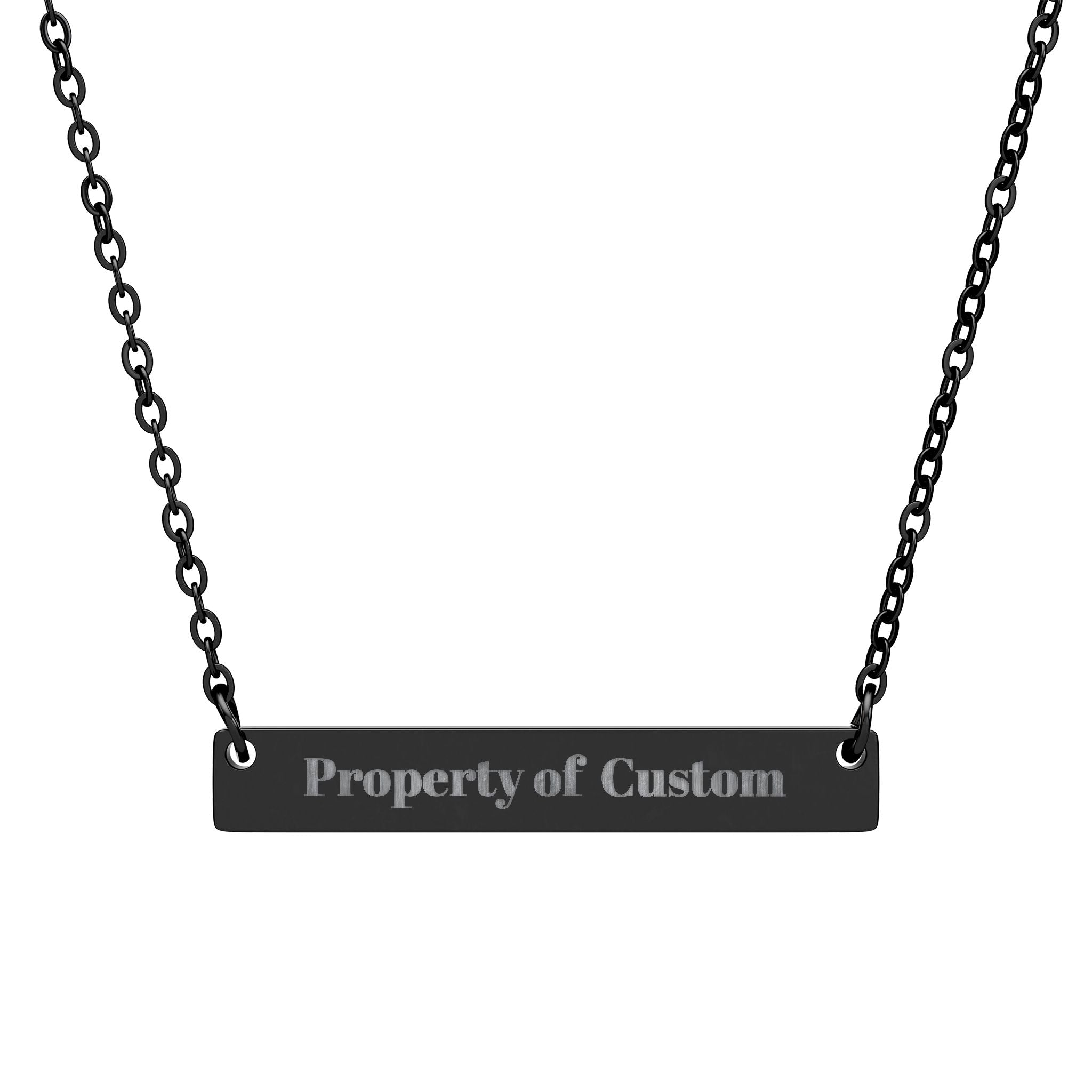 Black necklace with a bar pendant engraved 'Property of Custom' on a white background