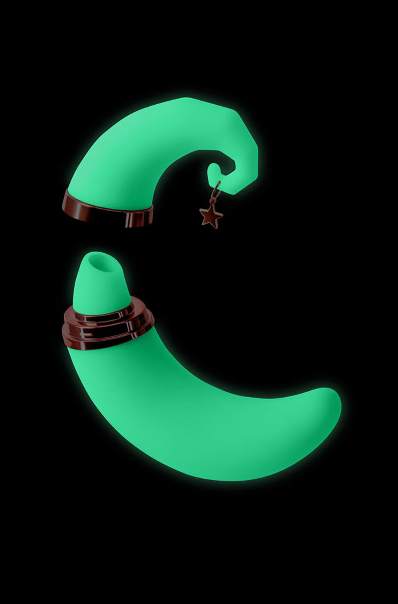 Side view of Firefly Dream crescent moon air pulse vibrator with the pink metallic suction tip and dangling star charm.