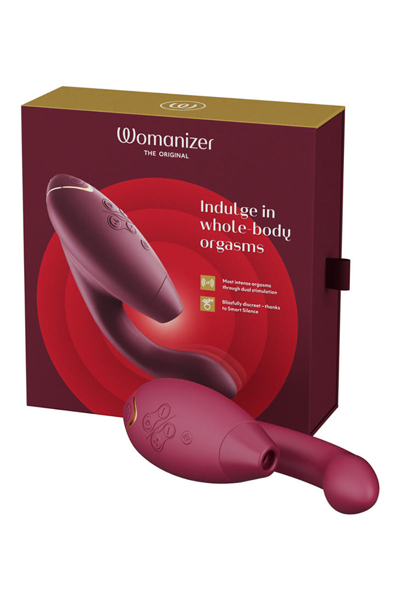 Detail view of Womanizer Duo 2 in bordeaux showing the curved flexible G-spot shaft.