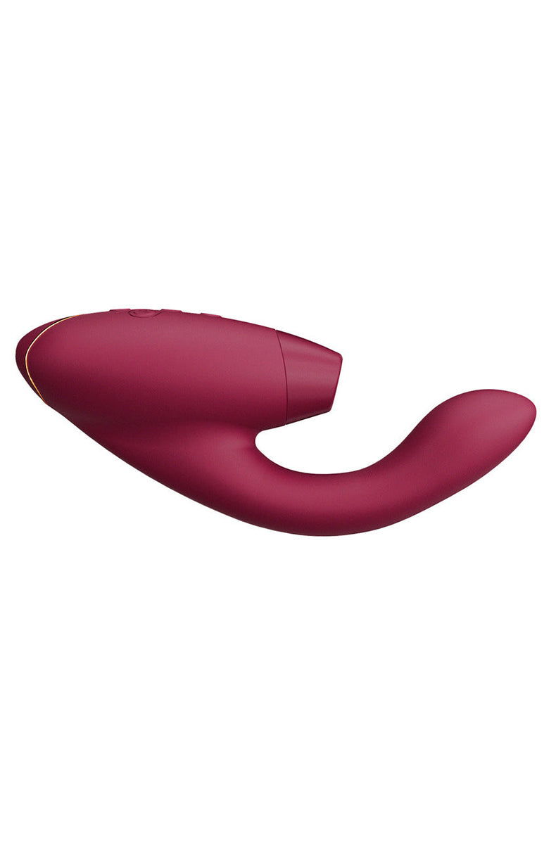 Top view of Womanizer Duo 2 in bordeaux showing the control buttons on the handle.