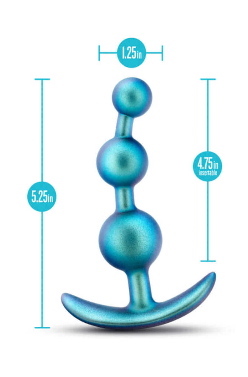 Teal silicone anal plug with size diagram: 5.25 inch length, 4.75 inch insertable, 1.25 inch width, on white.