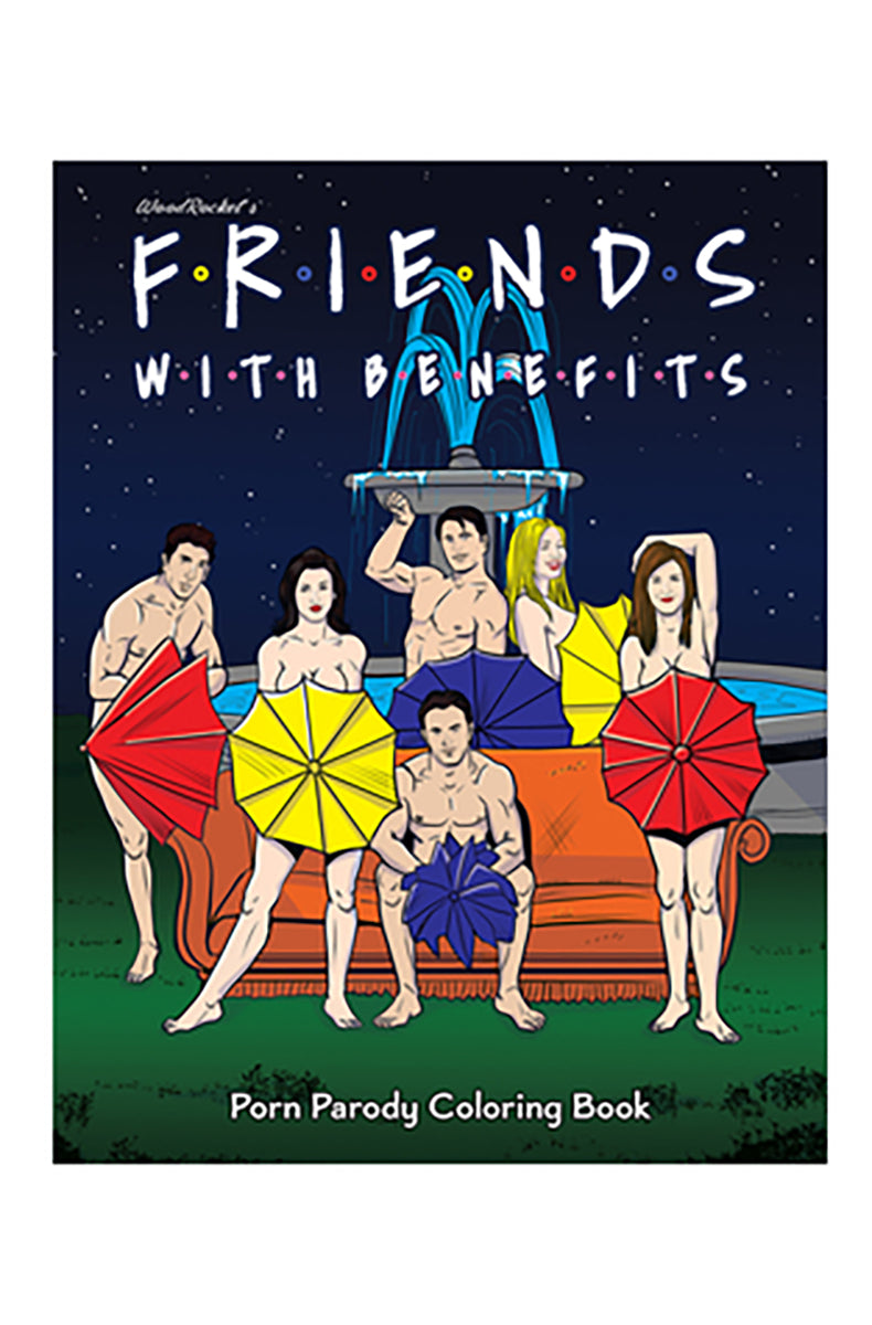 Cover of Friends With Benefits Coloring Book showing parody line-art adult coloring imagery, adults-only label.