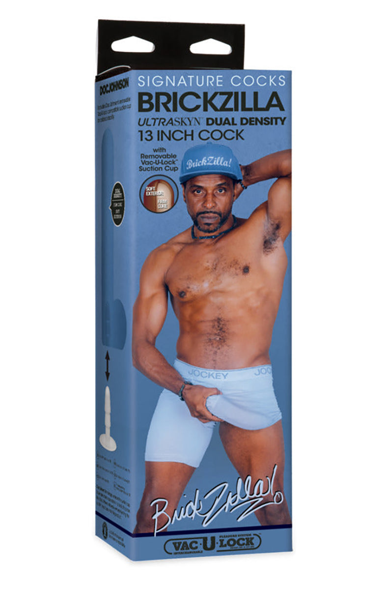 Brickzilla 13 inch ULTRASKYN Vac-U-Lock dildo box, blue Doc Johnson Signature Cocks packaging with photo of the performer.