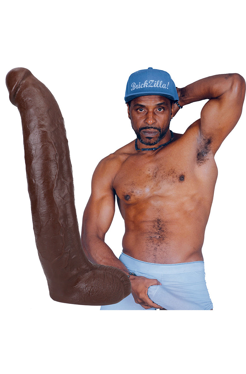 Black 13 inch Brickzilla ULTRASKYN dildo posed at an angle to show the realistic head and vein detail.