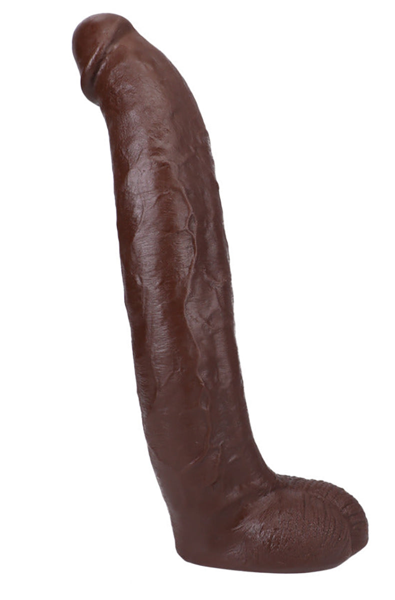 Side view of the black 13 inch Brickzilla ULTRASKYN dildo showing length and dual-density shaft.