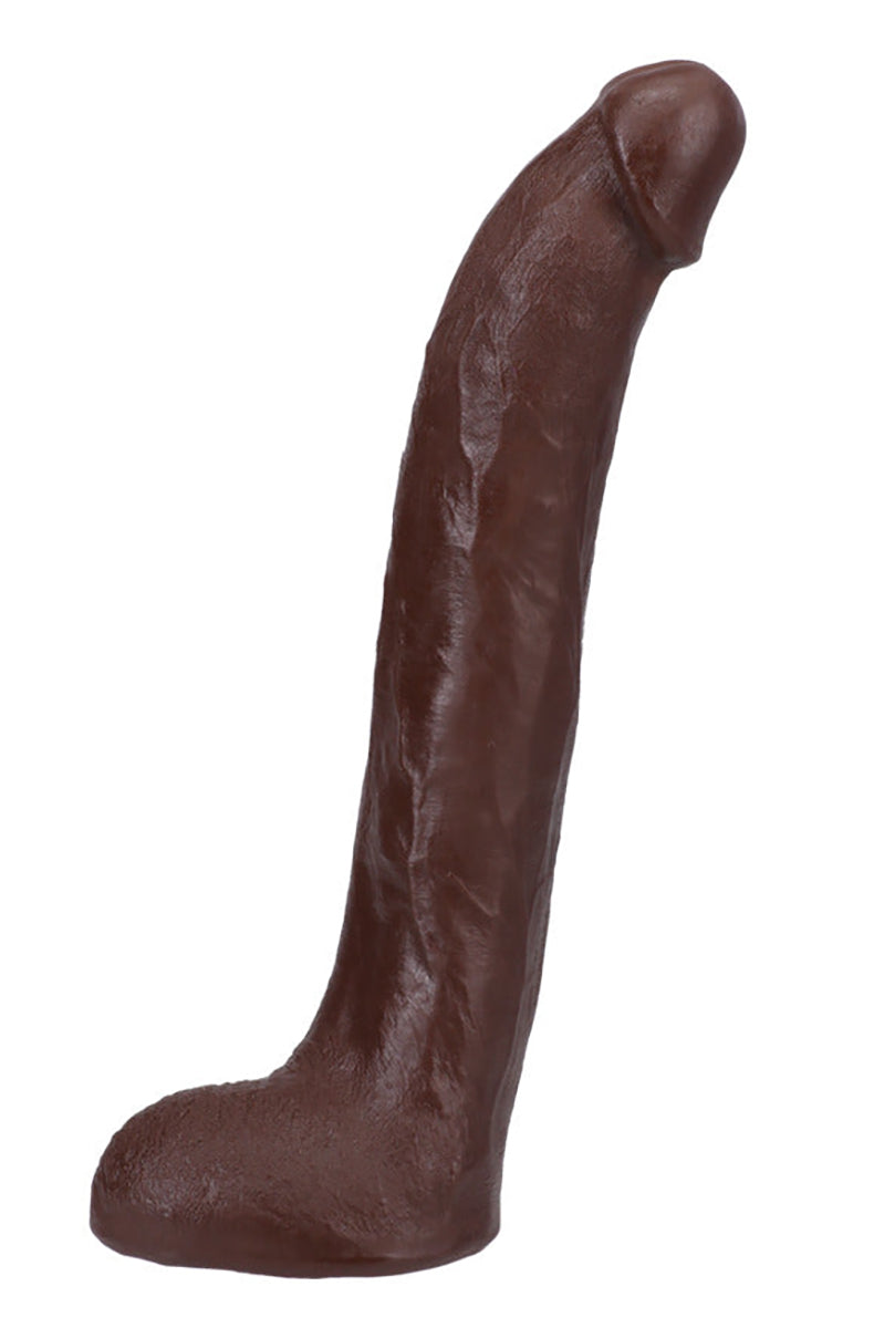 Front view of the black 13 inch Brickzilla ULTRASKYN dildo with realistic veins and head shape on a white background.