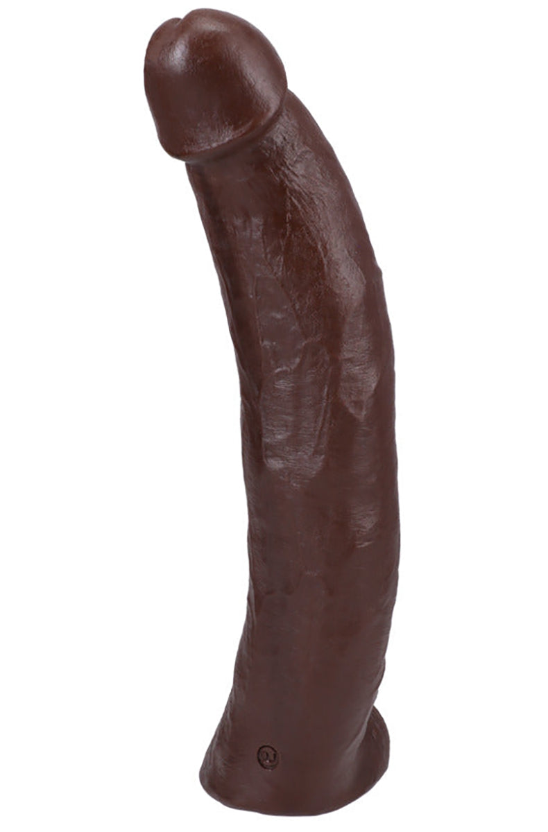 Full-length view of the black 13 inch Brickzilla dildo standing upright on its Vac-U-Lock suction cup base.
