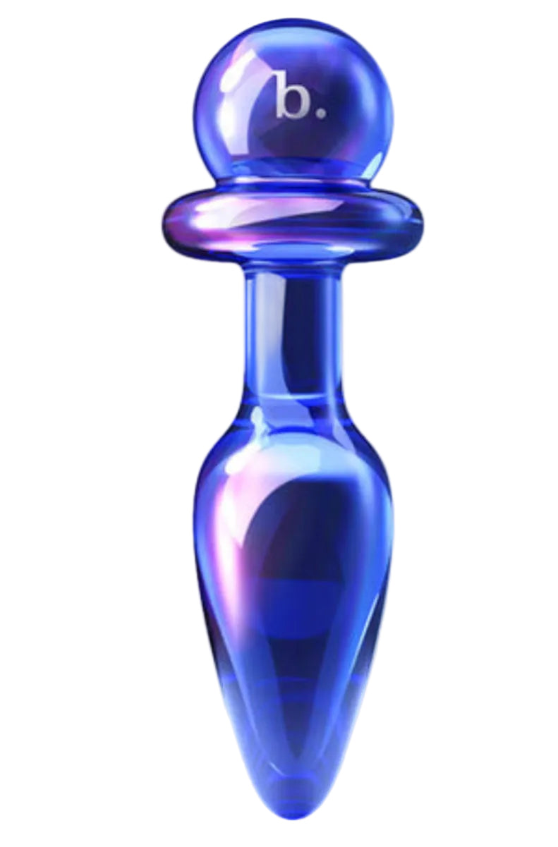 Blue iridescent glass anal plug with a teardrop body, flared disc base, and round ball end, free storage case badge.