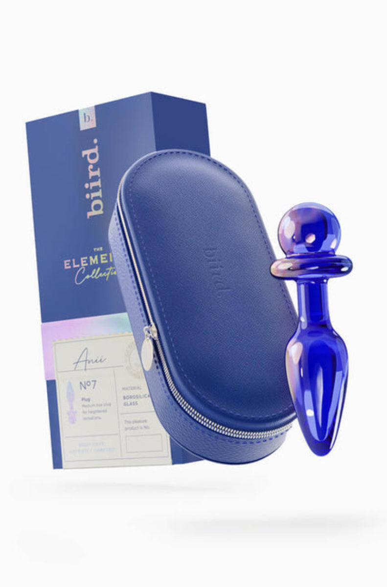 Blue glass Anii plug with its navy zippered case and Biird box, packaging noting borosilicate glass, on white.