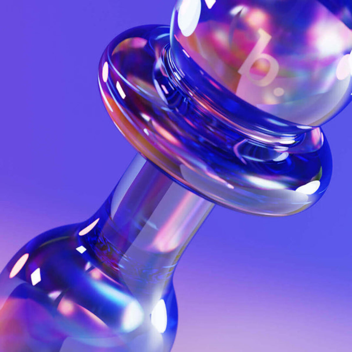 Macro close-up of the glass plug's flared disc base and neck with blue and pink iridescence.