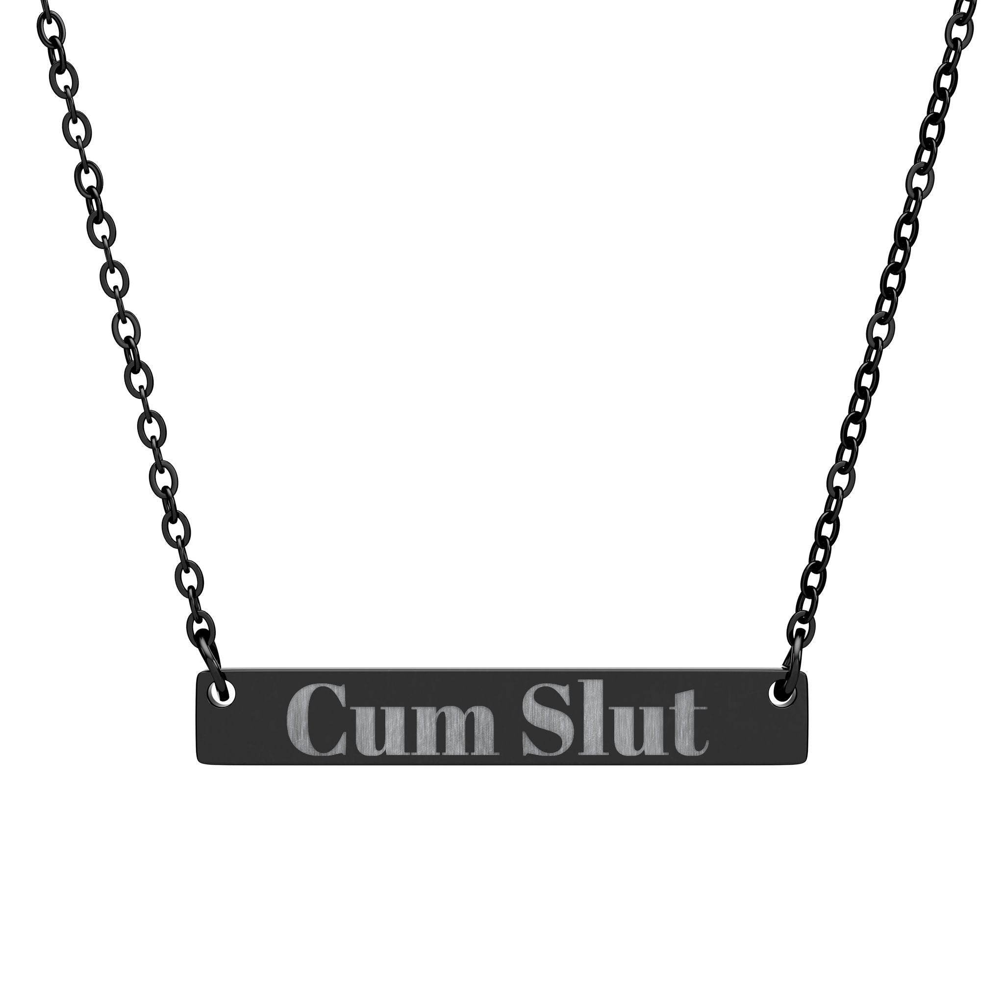 Necklace with 'Cum Slut' pendant on a white background