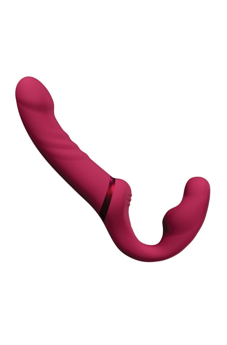 Front view of curved strapless strap-on vibrator in berry silicone with bulbous insertable end and curved shaft