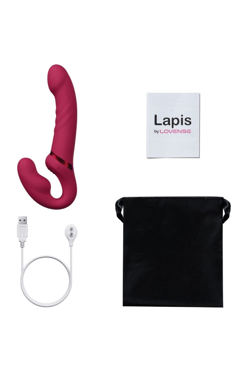 Product contents including berry vibrator, USB charging cable, storage bag, and Lapis instruction manual