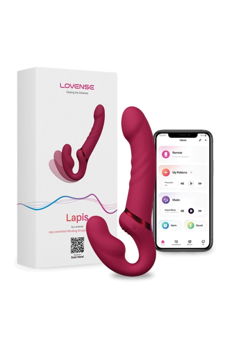 Product packaging showing Lapis vibrator next to smartphone displaying Lovense Remote app control interface