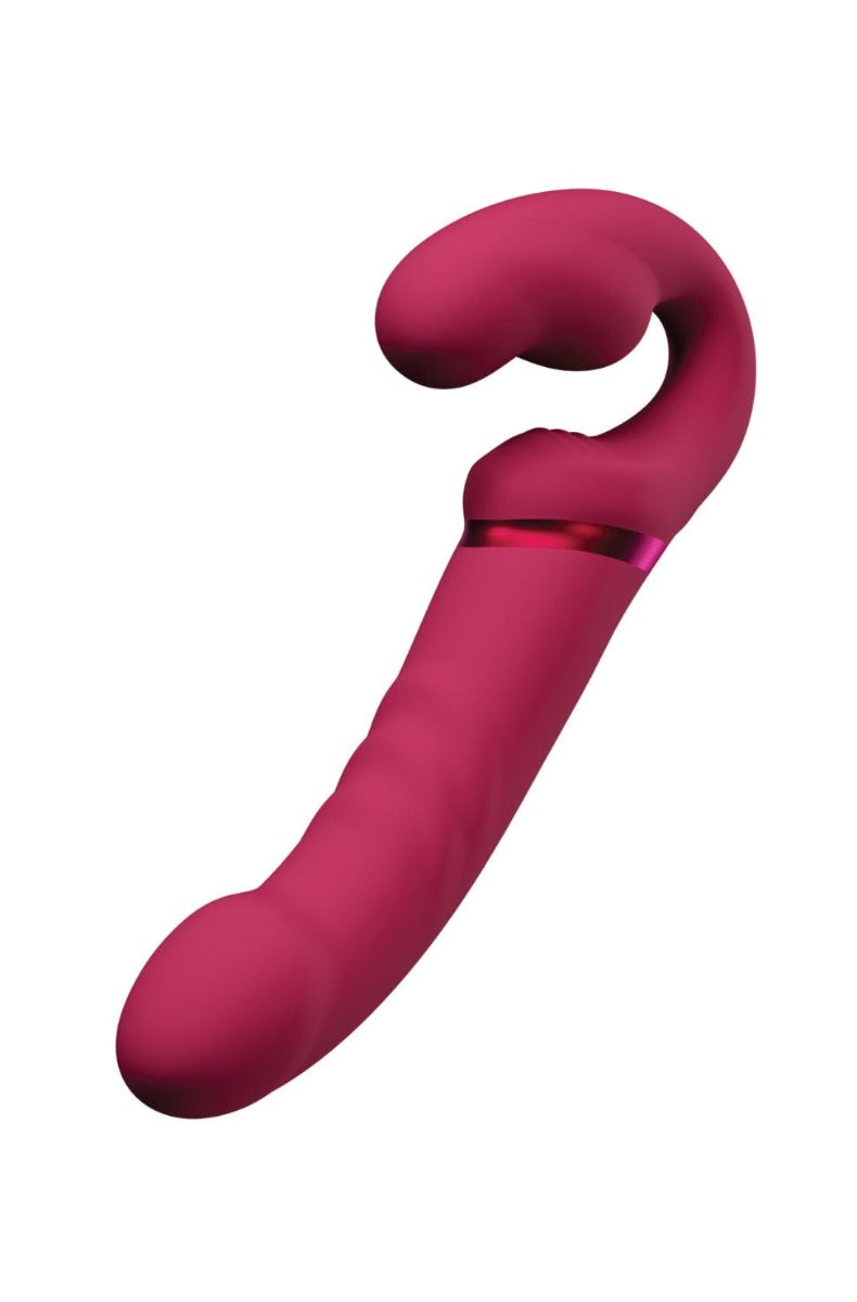 Side view of berry strapless vibrator showing curved profile and charging port with metallic accent strip