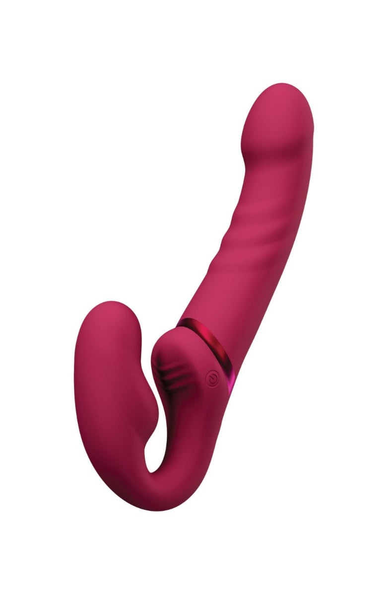 Angled view of berry vibrator highlighting dual-ended design with insertable bulb and external shaft