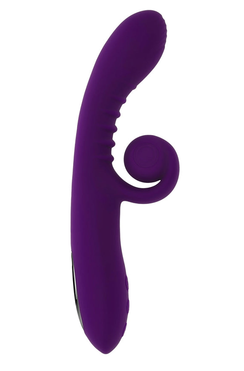 Deep purple silicone rabbit vibrator with curved G-spot shaft and curled spiral clitoral arm, button controls on the handle.