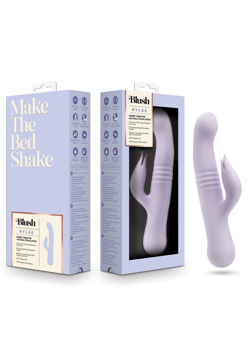Soft lavender silicone Rylee thrusting rabbit vibrator, additional angle.