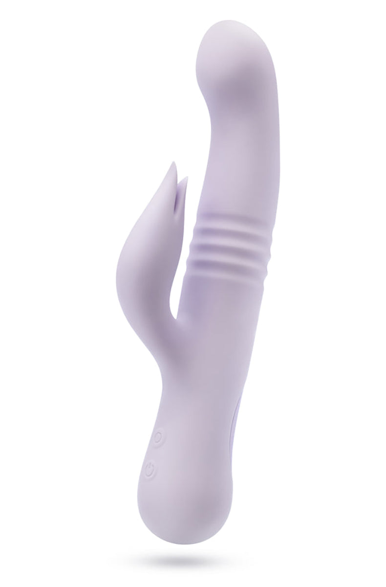 Soft lavender silicone Rylee thrusting rabbit vibrator, side view of ribbed thrusting section.