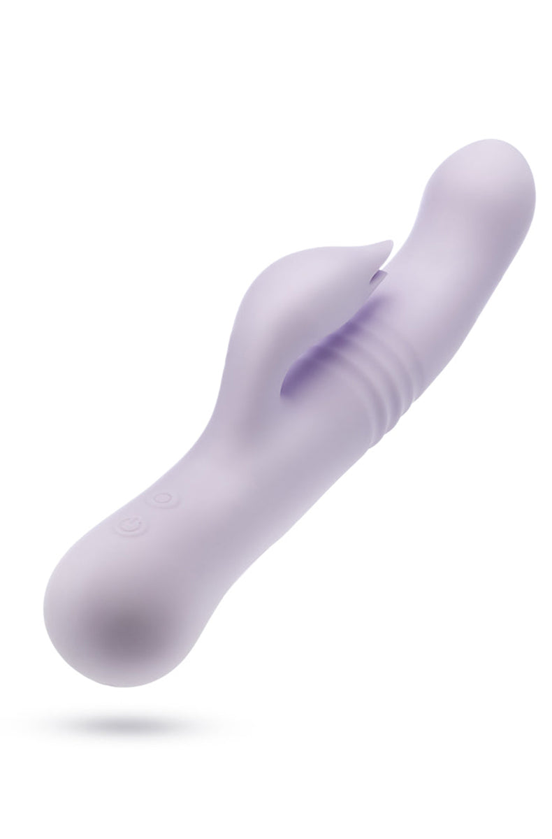 Soft lavender silicone Rylee thrusting rabbit vibrator, alternate detail view.