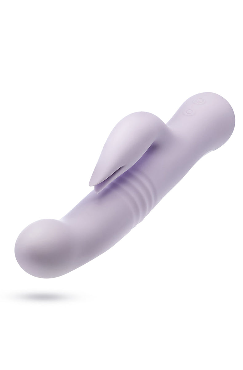 Soft lavender silicone Rylee thrusting rabbit vibrator, additional angle.