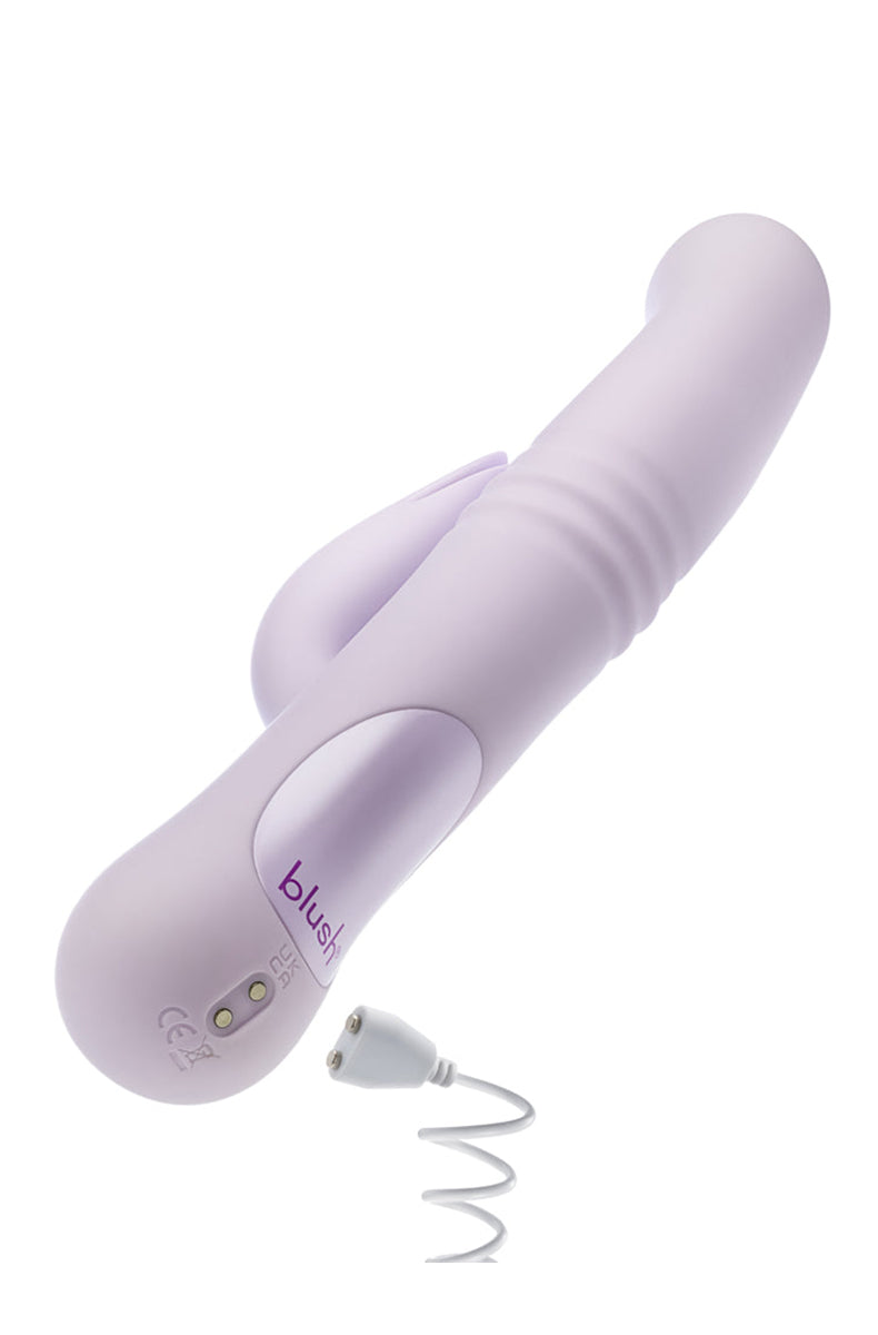 Soft lavender silicone Rylee thrusting rabbit vibrator, additional angle.