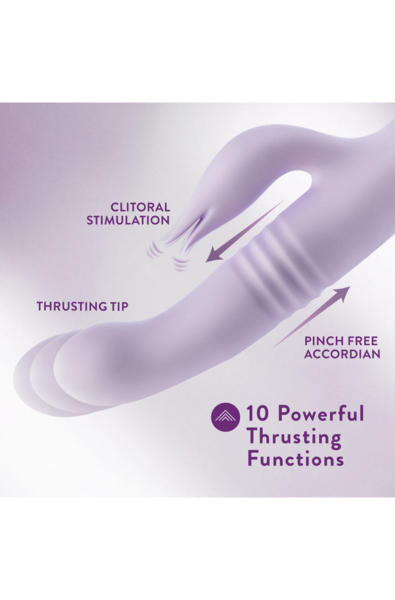 Soft lavender silicone Rylee thrusting rabbit vibrator, additional angle.
