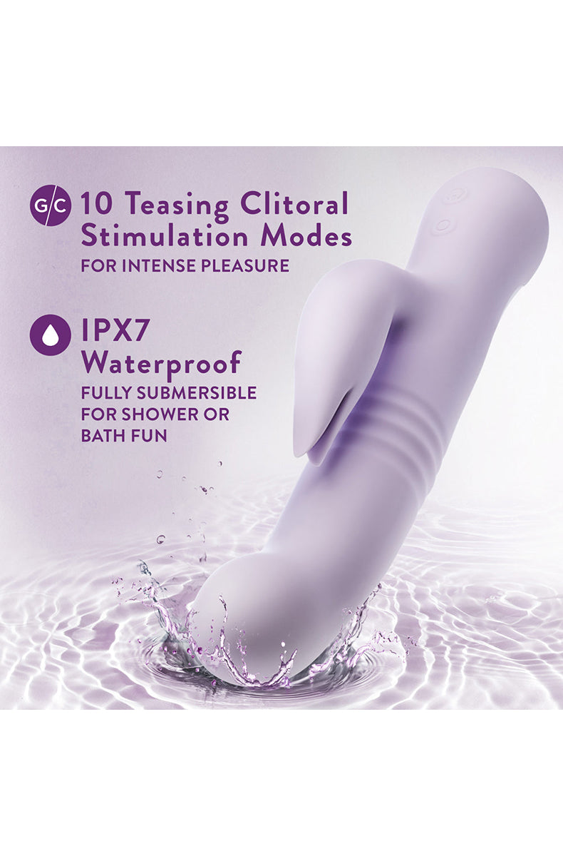 Soft lavender silicone Rylee thrusting rabbit vibrator, additional angle.