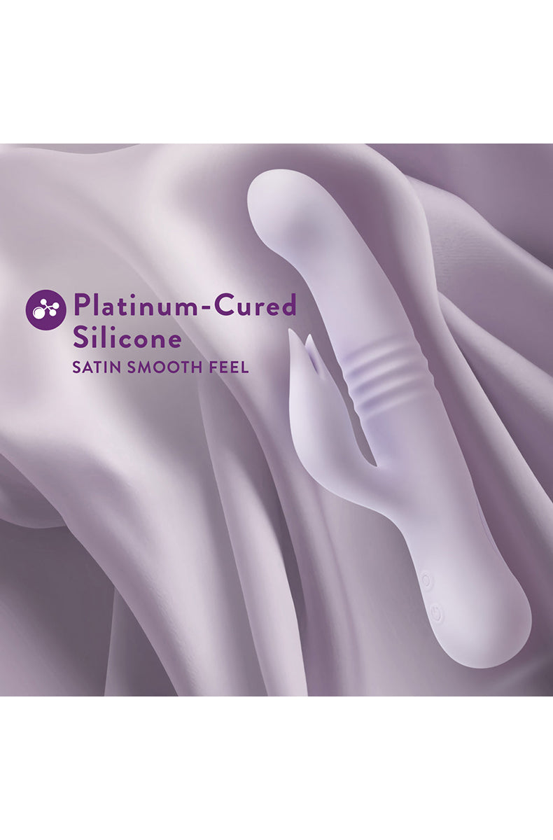 Soft lavender silicone Rylee thrusting rabbit vibrator, additional angle.