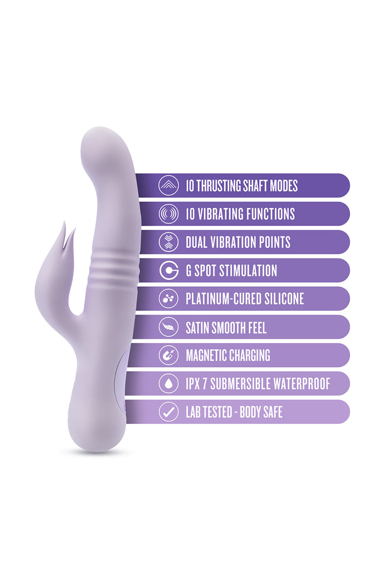 Soft lavender silicone Rylee thrusting rabbit vibrator, detail view of flame-shaped clitoral arm.