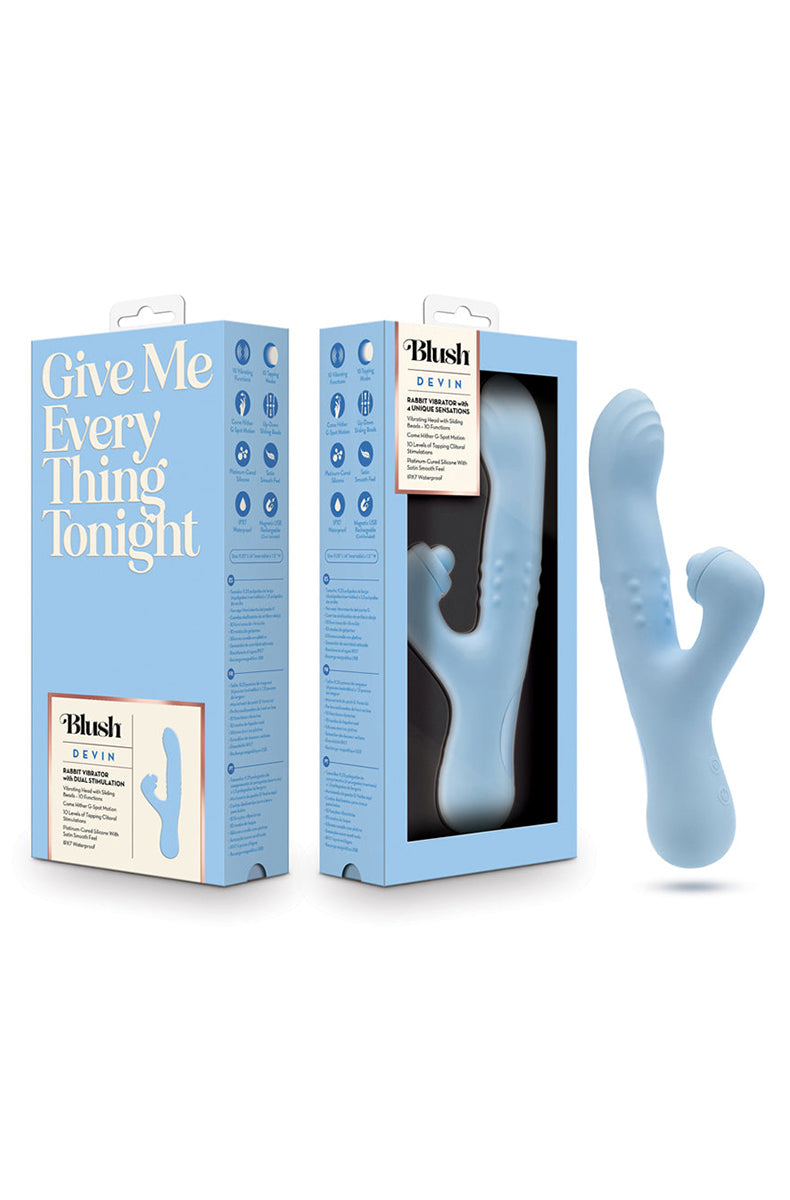 Devin blue silicone rabbit vibrator with USB magnetic charging cable.