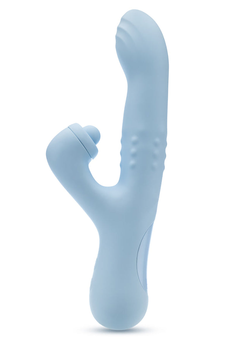 Light blue platinum-cured silicone rabbit with curved beaded shaft, sliding internal beads, tapping clitoral arm dome.