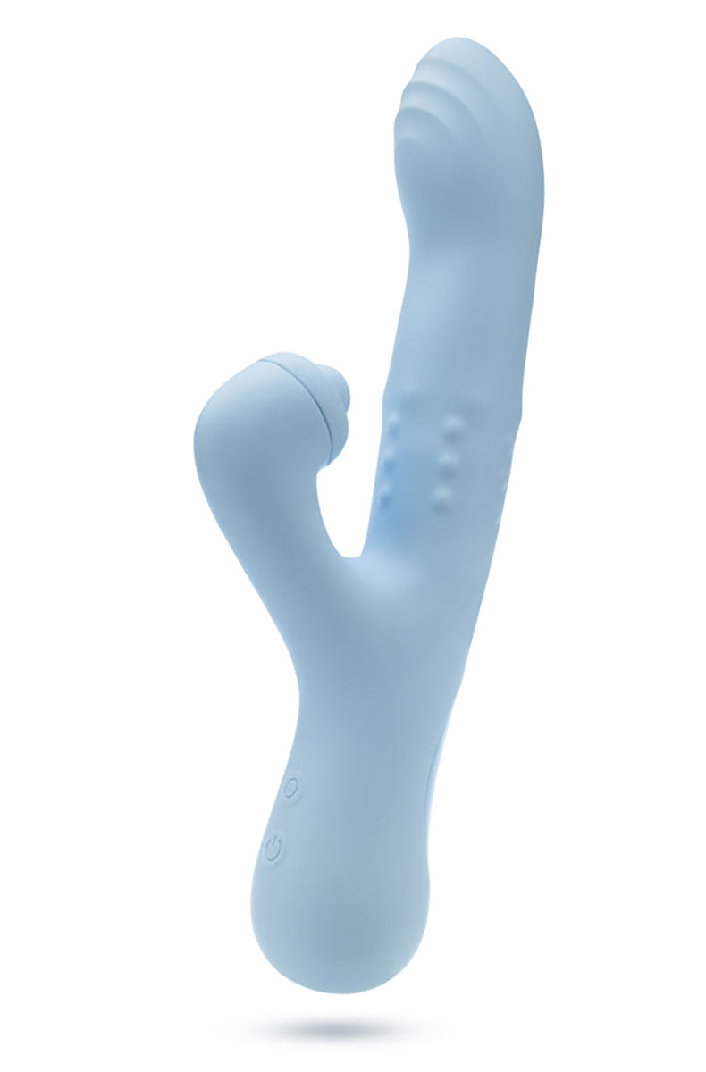 Devin blue silicone rabbit vibrator at a 3/4 angle showing curved tip.