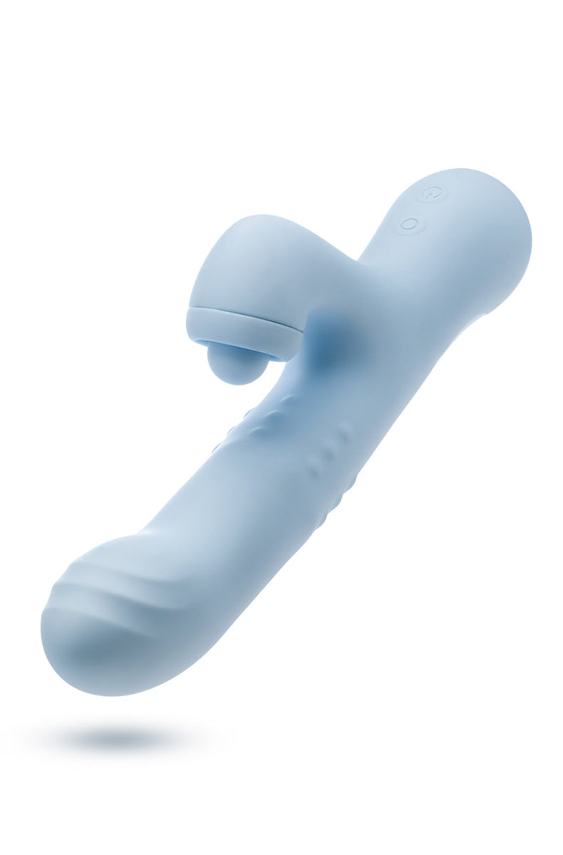 Close-up of Devin blue silicone rabbit vibrator clitoral arm with tapping dome stimulator.