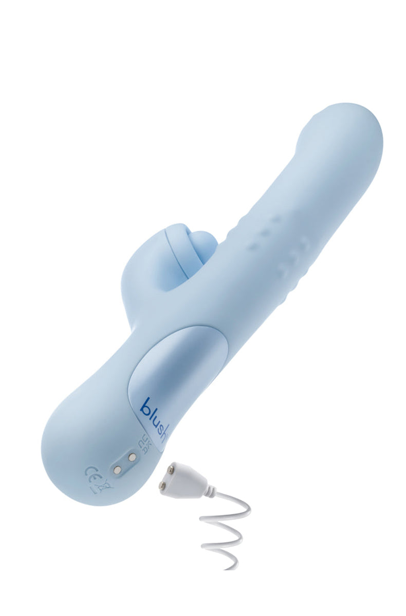Rear view of Devin blue silicone rabbit vibrator showing control panel.