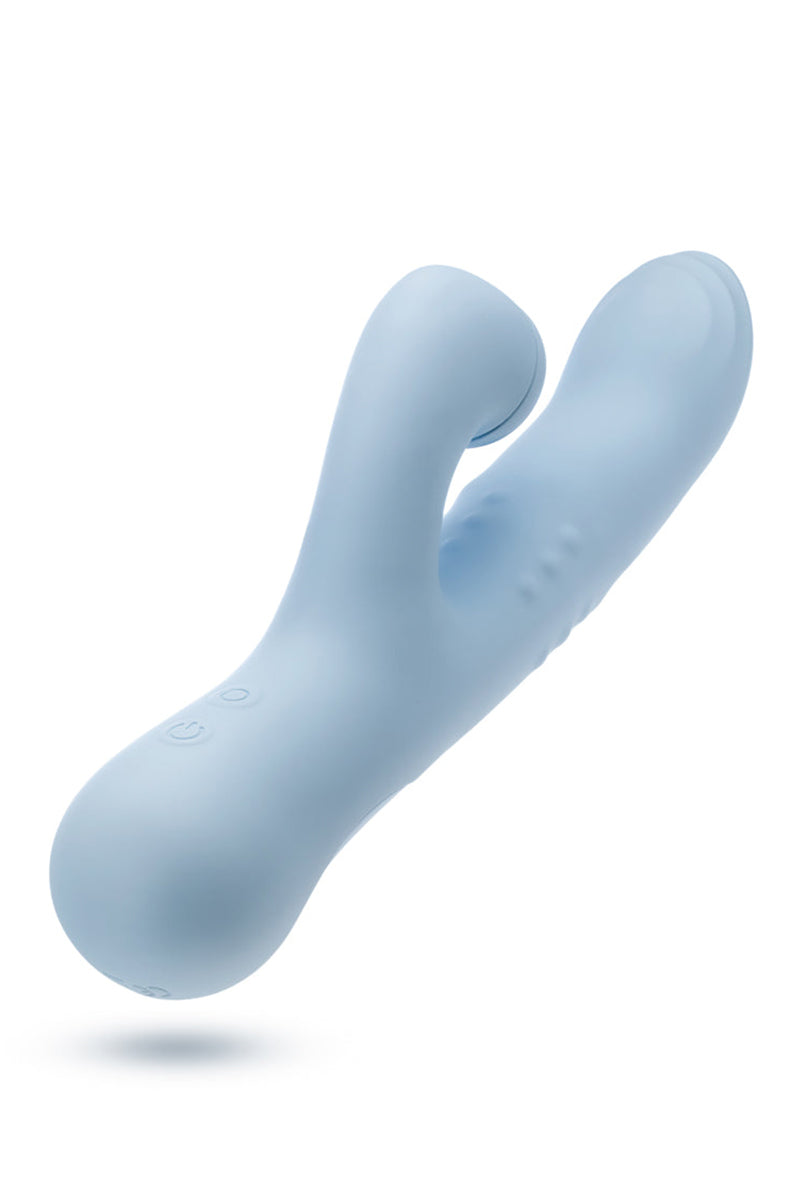 Devin blue silicone rabbit vibrator on white background, full standing view.
