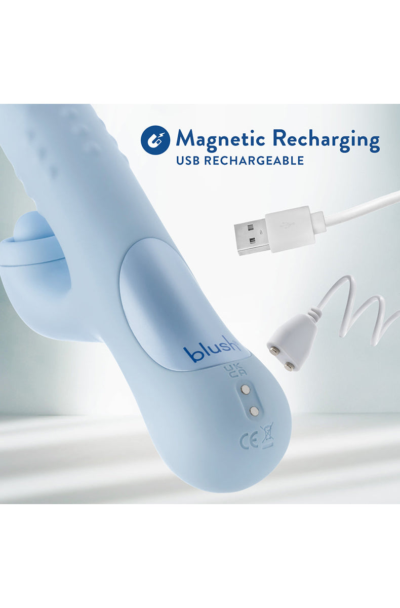 Devin blue silicone rabbit vibrator at angle.