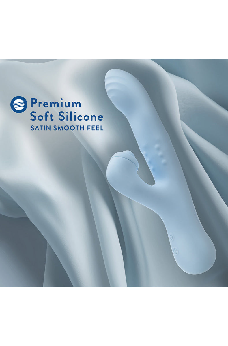 Devin blue silicone rabbit vibrator, base detail.